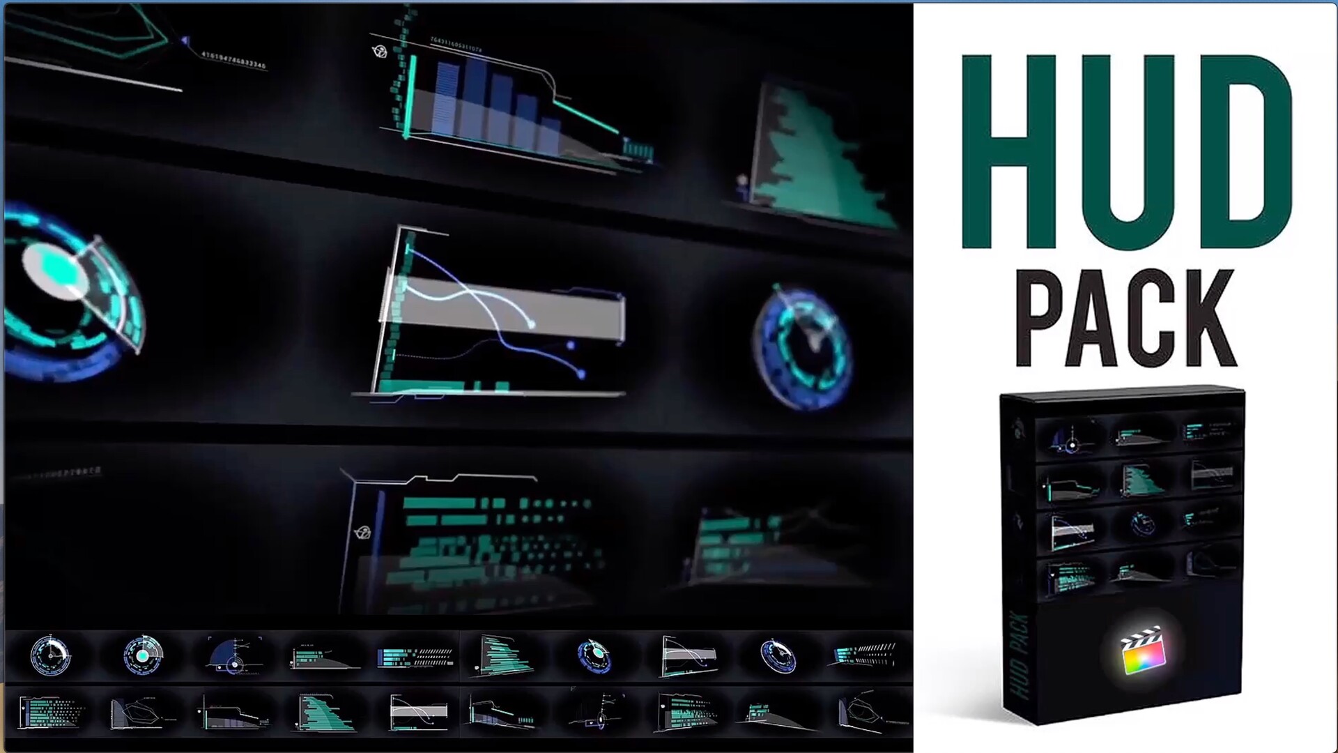 fcpx插件:20个未来科技感信息图表元素动画 HUD Elements Pack