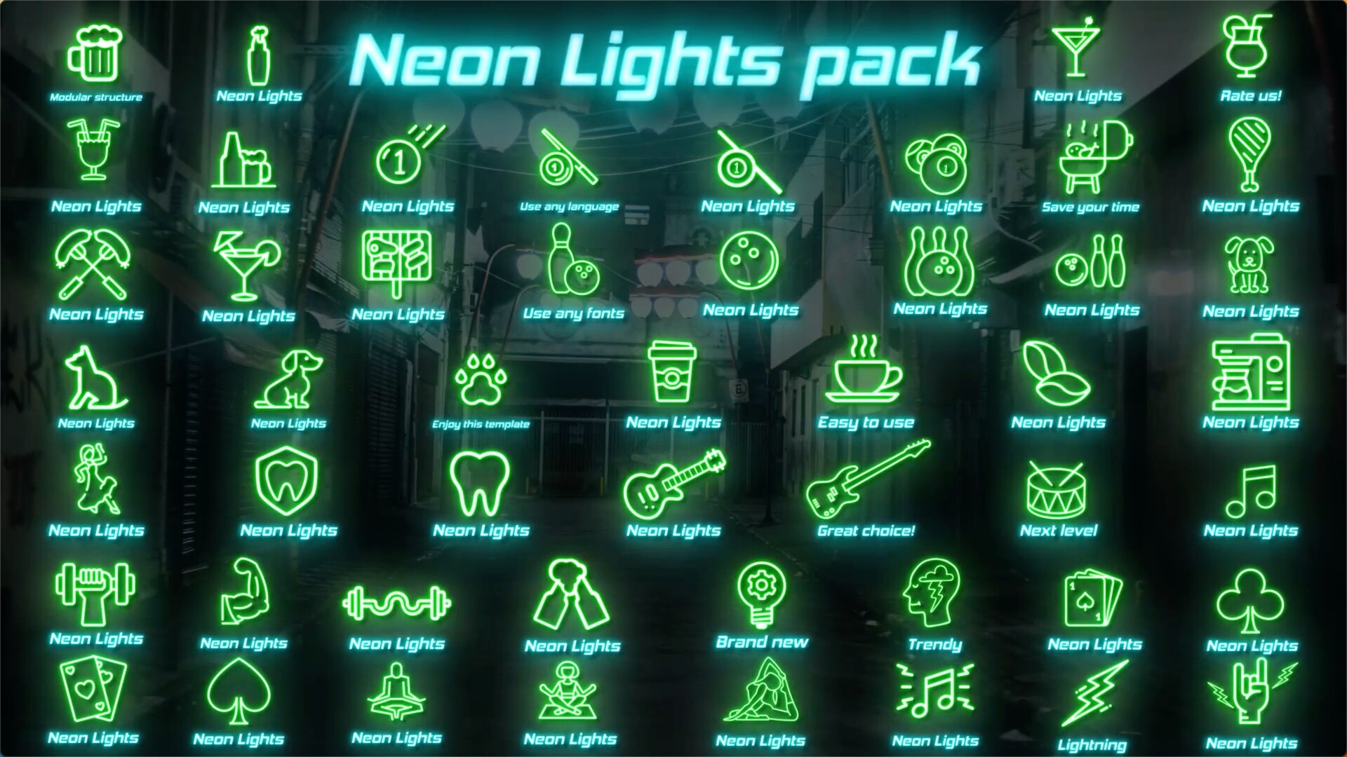 FCPX插件Neon Lights Big Pack荧光标题模板