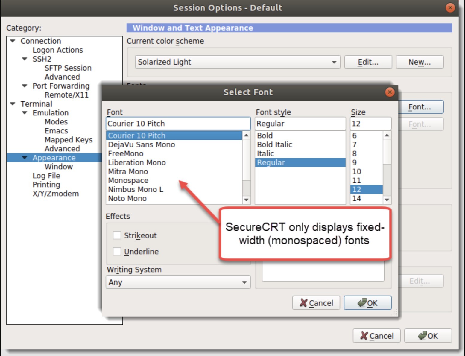 为什么 SecureCRT 不允许从系统上的所有字体中进行选择？