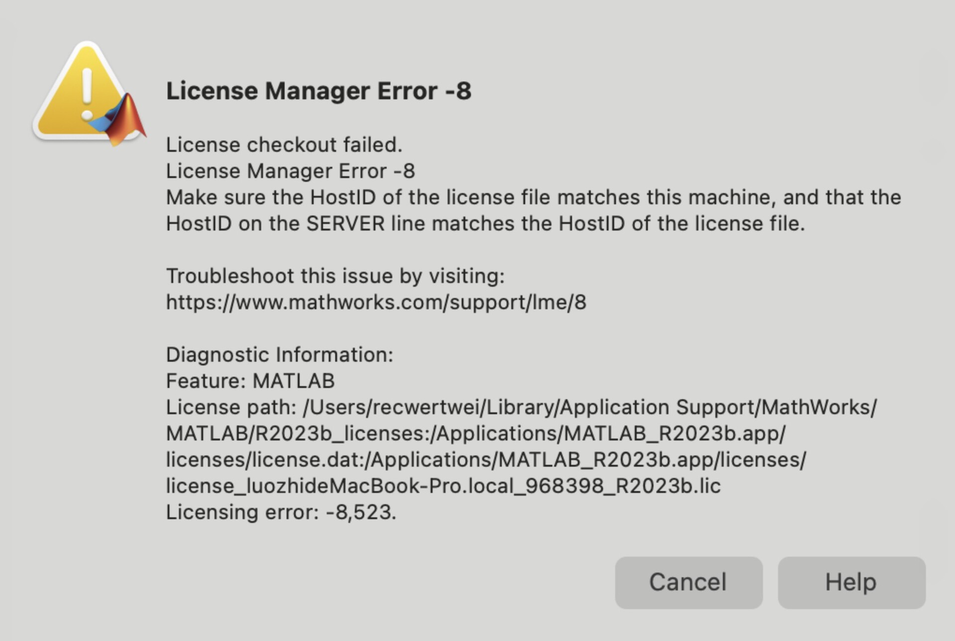 MathWorks Matlab R2023b Mac报错 License Manager Error -8