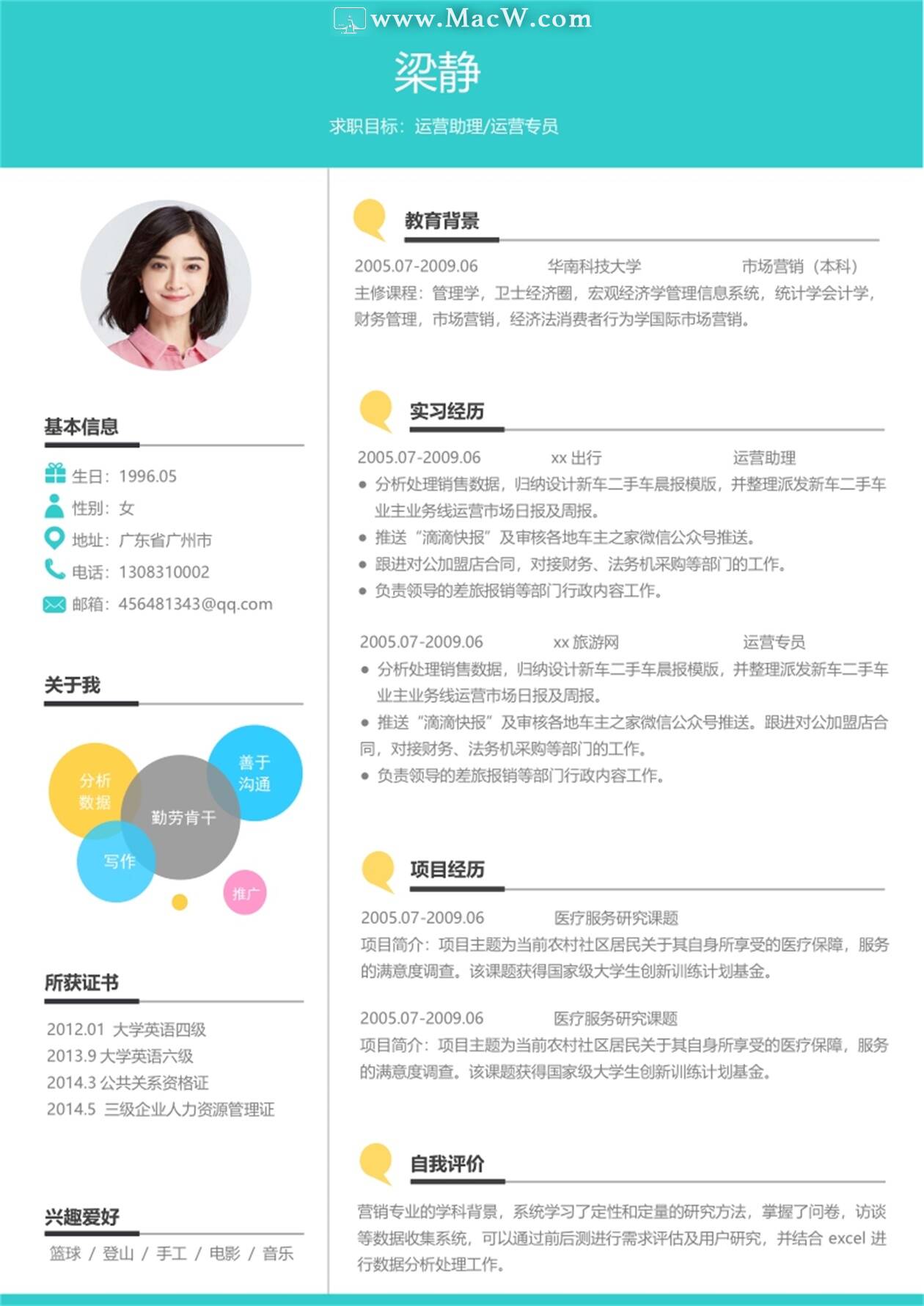 运营助理运营专员简历Word模板