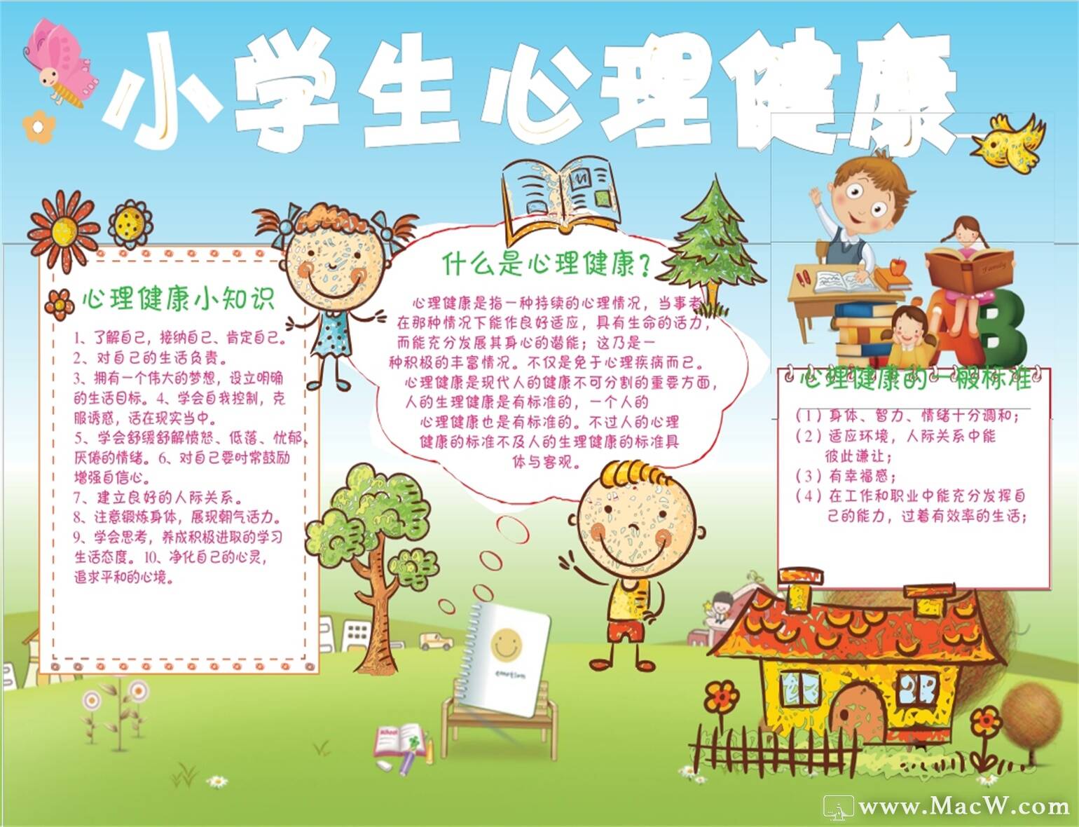 卡通小学生心理健康小报Word模板