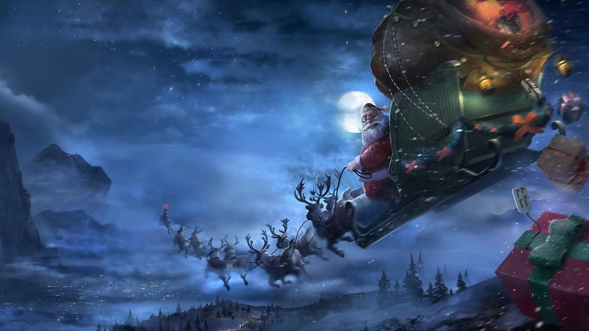 夜晚的圣诞老人与驯鹿Mac动态壁纸