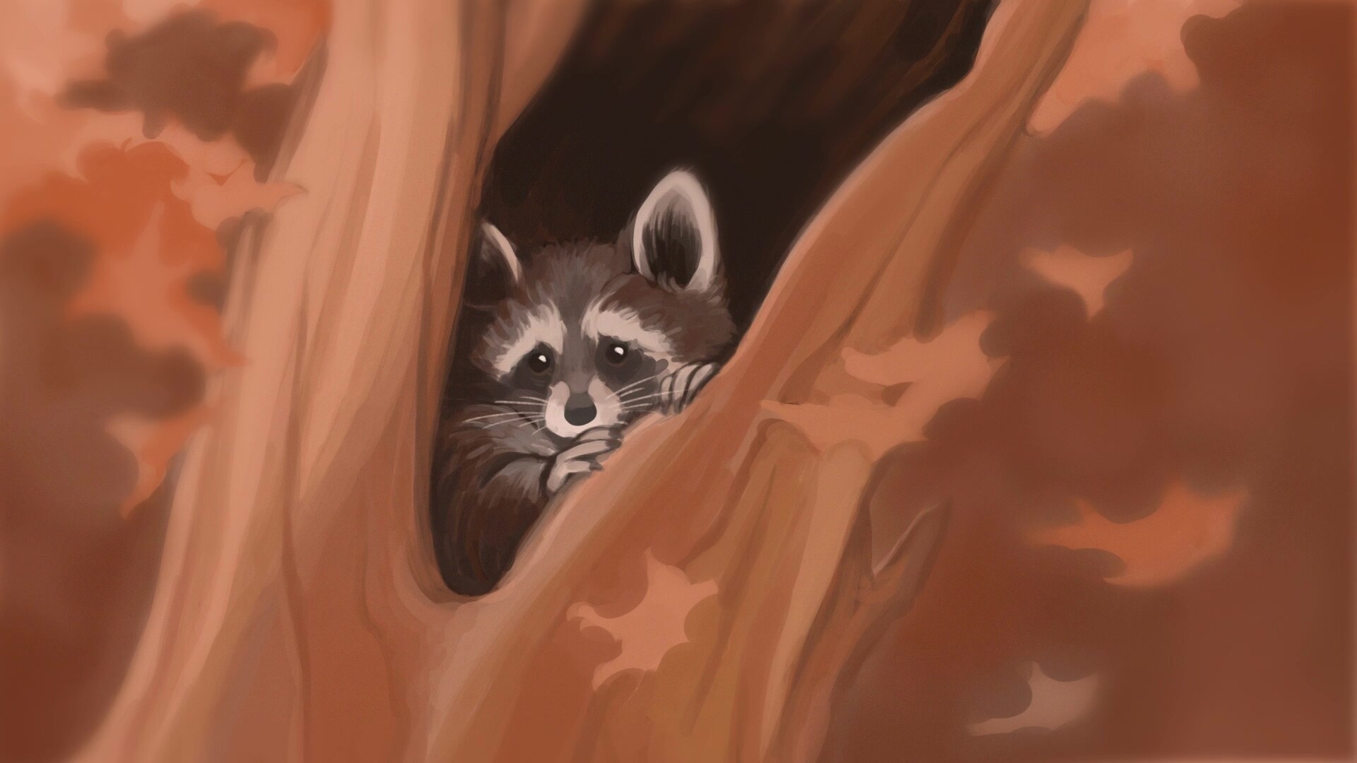 树洞里的北美浣熊raccoon卡通动态壁纸