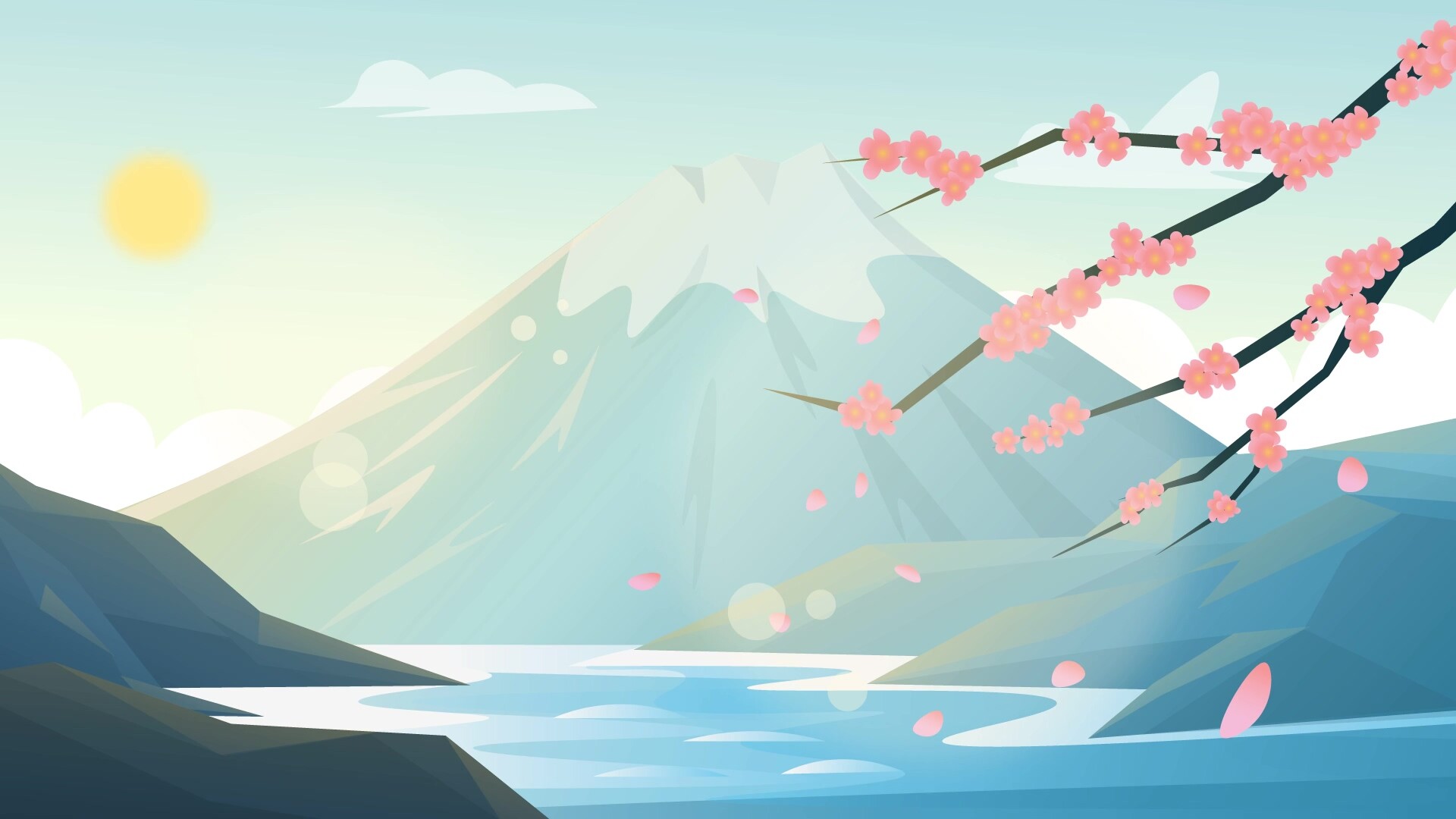 Fuji富士山与樱花卡通动漫Mac动态壁纸